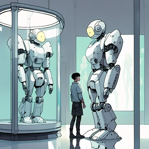 Prompt: <mymodel> a 3d render<mymodel>a robot standing next to a machine in a glass case with a man inside of it, Artgerm, panfuturism, ex machina, concept art robot stortelling of  panels of comic for manga, with speech bubbles. white and empty Speech bubbles, double page, surreal atmosphere, symbolic representation, high contrast, deep shadows, monochromatic, digital rendering, high quality, minimalist, conceptual art, graffiti style, abstract, surreal, symbolic, atmospheric lighting, comic édition. full strory comic love robot, white and empty Speech bubbles, stortelling  a robot standing next to a machine in a glass case with a man inside of it, Artgerm, panfuturism, ex machina, concept art