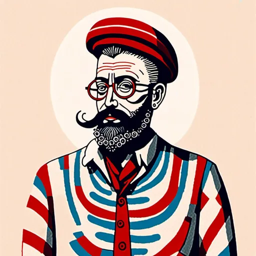 Prompt: <mymodel><mymodel>Bearded man drawn like a logo, whit mustache,no hair, bald head, White cotton t-shirt with horizontal red stripes very regular and 1cm large, round glasses, high quality, detailed design, minimalistic, professional lighting, cool tones, minimalist style, highres, detailed facial hair, mature, sophisticated, cool tones, minimalistic, focused lighting<mymodel>