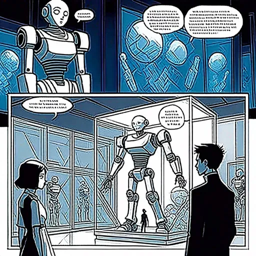 Prompt: <mymodel>a robot standing next to a machine in a glass case with a man inside of it, Artgerm, panfuturism, ex machina, concept art robot stortelling of  panels of comic for manga, with speech bubbles. white and empty Speech bubbles, double page, surreal atmosphere, symbolic representation, high contrast, deep shadows, monochromatic, digital rendering, high quality, minimalist, conceptual art, graffiti style, abstract, surreal, symbolic, atmospheric lighting, comic édition. full strory comic love robot, white and empty Speech bubbles, stortelling  a robot standing next to a machine in a glass case with a man inside of it, Artgerm, panfuturism, ex machina, concept art