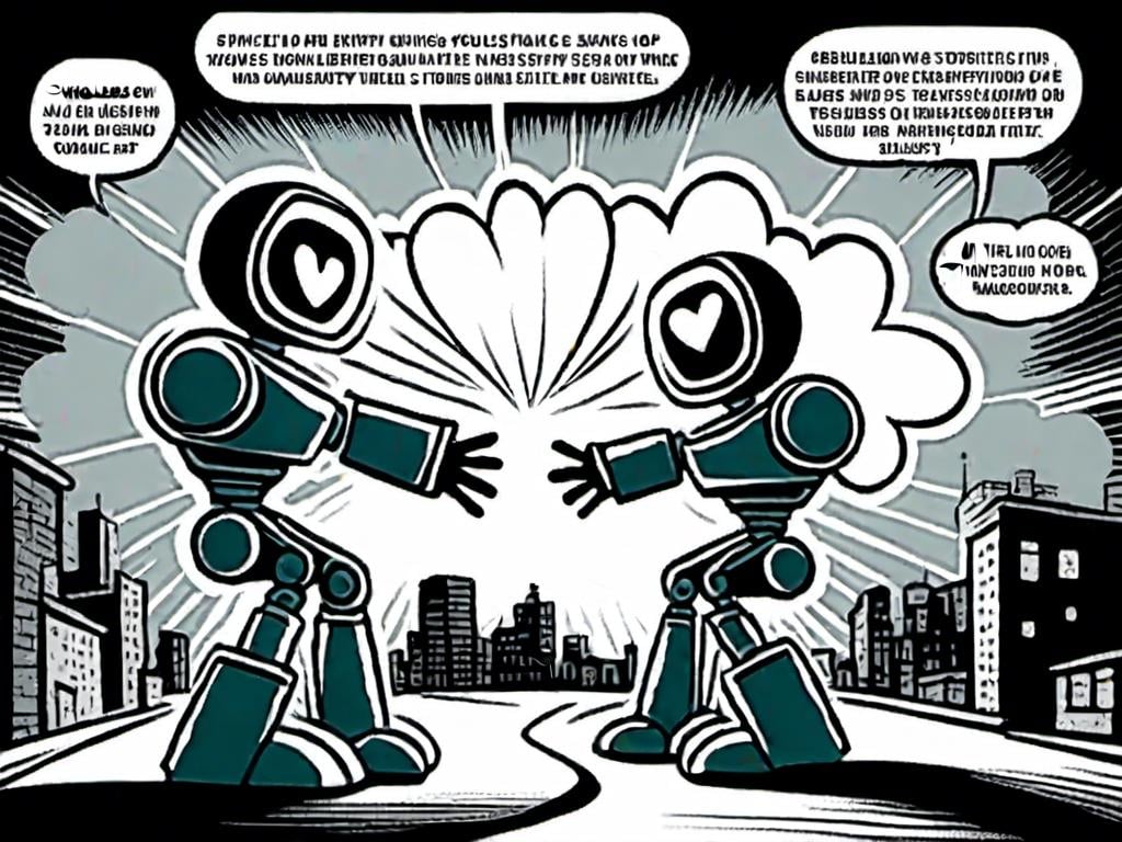 Prompt: <mymodel>love robot stortelling of  panels of comic for manga, double page, surreal atmosphere, symbolic representation, high contrast, deep shadows, monochromatic, digital rendering, high quality, minimalist, conceptual art, graffiti style, abstract, surreal, symbolic, atmospheric lighting, comic édition. full strory comic love robot stortelling 