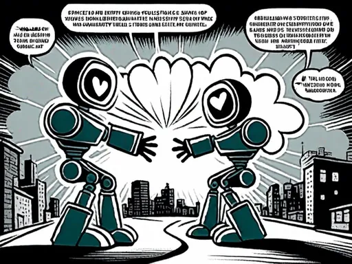 Prompt: <mymodel>love robot stortelling of  panels of comic for manga, double page, surreal atmosphere, symbolic representation, high contrast, deep shadows, monochromatic, digital rendering, high quality, minimalist, conceptual art, graffiti style, abstract, surreal, symbolic, atmospheric lighting, comic édition. full strory comic love robot stortelling 