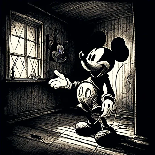 Prompt: <mymodel>Creepy, unsettling illustration of Mickey Mouse, dark and eerie ambiance, eerie details, high quality, detailed shadows, horror, sinister, disturbing, eerie lighting, surreal, unsettling atmosphere, dark tones, menacing, suspenseful, detailed, haunting, ominous