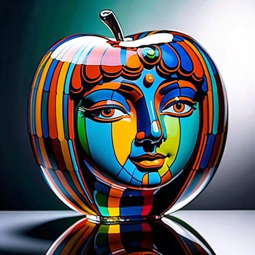 Prompt: <mymodel> <mymodel>Vibrant pop art illustration of a transparent glass apple sculpture, shiny and reflective surface, bold colors, high contrast, detailed glasswork, glossy finish, artistic interpretation, modern pop art, transparent glass, vibrant colors, high quality, detailed reflections, glossy finish, striking pop art style, bold and vibrant, contemporary art, shiny surface; ce qui donne cette image 