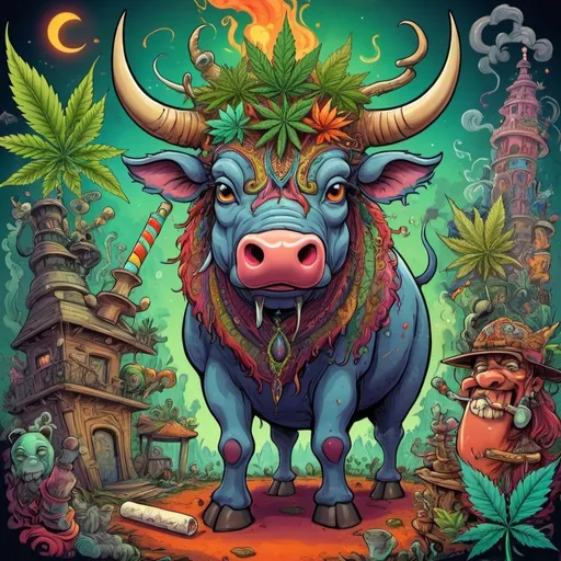 Prompt: prompt de base : Cartoon illustration "un buffle du chaos
" with basmoking big joint with friends and big cannabis, vibrant and colorful, whimsical fantasy setting, intricate details, high quality, misc-manga, fantasy, vibrant colors, intricate design, magical atmosphere.
