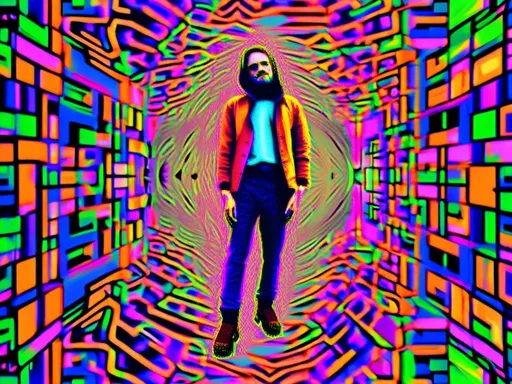 Prompt: <mymodel> full body shot, Cosmic celebration in psychedelic glitch art, glitch God, psychedelic and glitchy, cosmic drama, Insane 40 yr  glitch maker with goatee, insane laugh, glitched out eyes, black glitchy hoodie, dystopian background, cosmic giggle, divine laughter, intense facial emotions, divine madness,  glitch meme magic, strange, bizarre, weird, fine details, highest quality