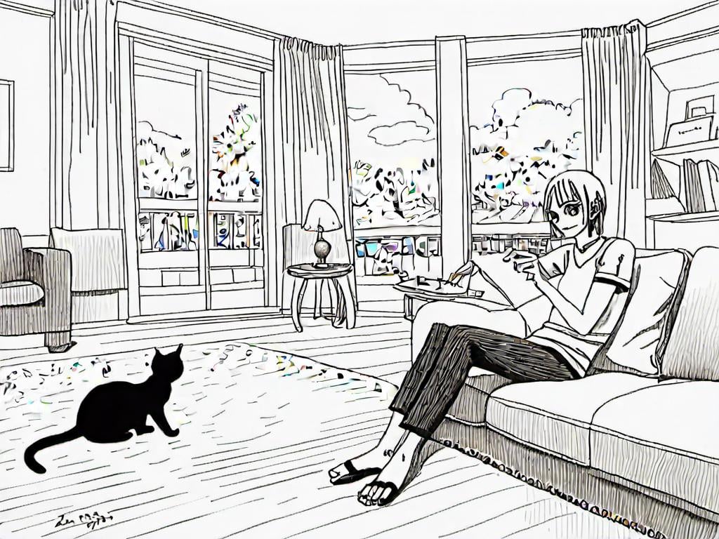 Prompt: <mymodel><mymodel> a cat shows a cat on the living room television drawing of a contented cat enjoying, inked, detailed fur with subtle highlights, tranquil ambiance, high quality, charcoal drawing, realistic, detailed, contented cat, a cat shows a cat on the living room television, tranquil ambiance