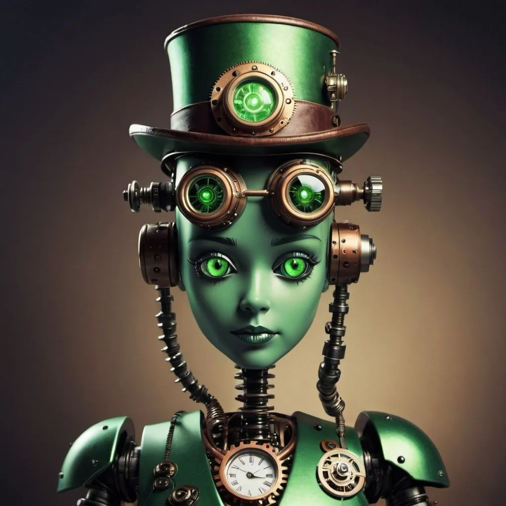 Prompt: https://pic.digital/blog/prompt-image-ai/robot green steampunk stand up looking me lovely 