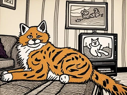 Prompt: <mymodel> a cat shows a cat on the living room television drawing of a contented cat enjoying, inked, detailed fur with subtle highlights, tranquil ambiance, high quality, charcoal drawing, realistic, detailed, contented cat, a cat shows a cat on the living room television, tranquil ambiance