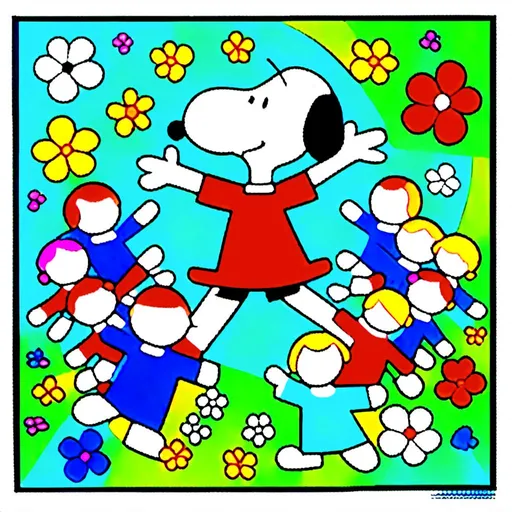 Prompt: <mymodel>
Prompt : Snoopy et les Enfants Danseurs
Sujet : Deux enfants et Snoopy dansant joyeusement dans un pré fleuri.

Style :

Hommage au style iconique de Charles M. Schulz :
Lignes simples et expressives
Formes rondes et douces
Absence de perspective
Couleurs vives et primaires
Snoopy avec ses oreilles tombantes et son expression espiègle