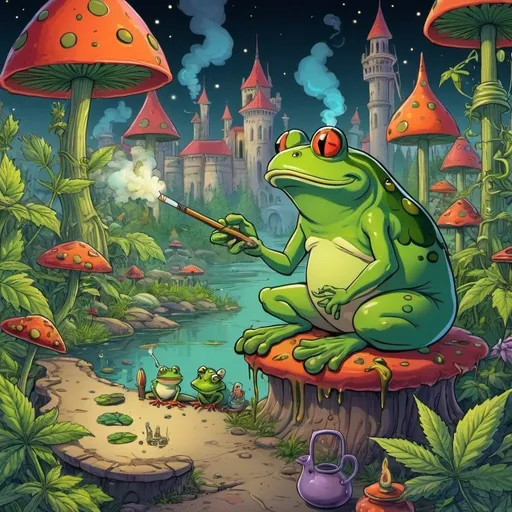 Prompt: prompt de base : Cartoon illustration " la grenouille et le bœuf ?
" with basmoking big joint with friends and big cannabis, vibrant and colorful, whimsical fantasy setting, intricate details, high quality, misc-manga, fantasy, vibrant colors, intricate design, magical atmosphere.
