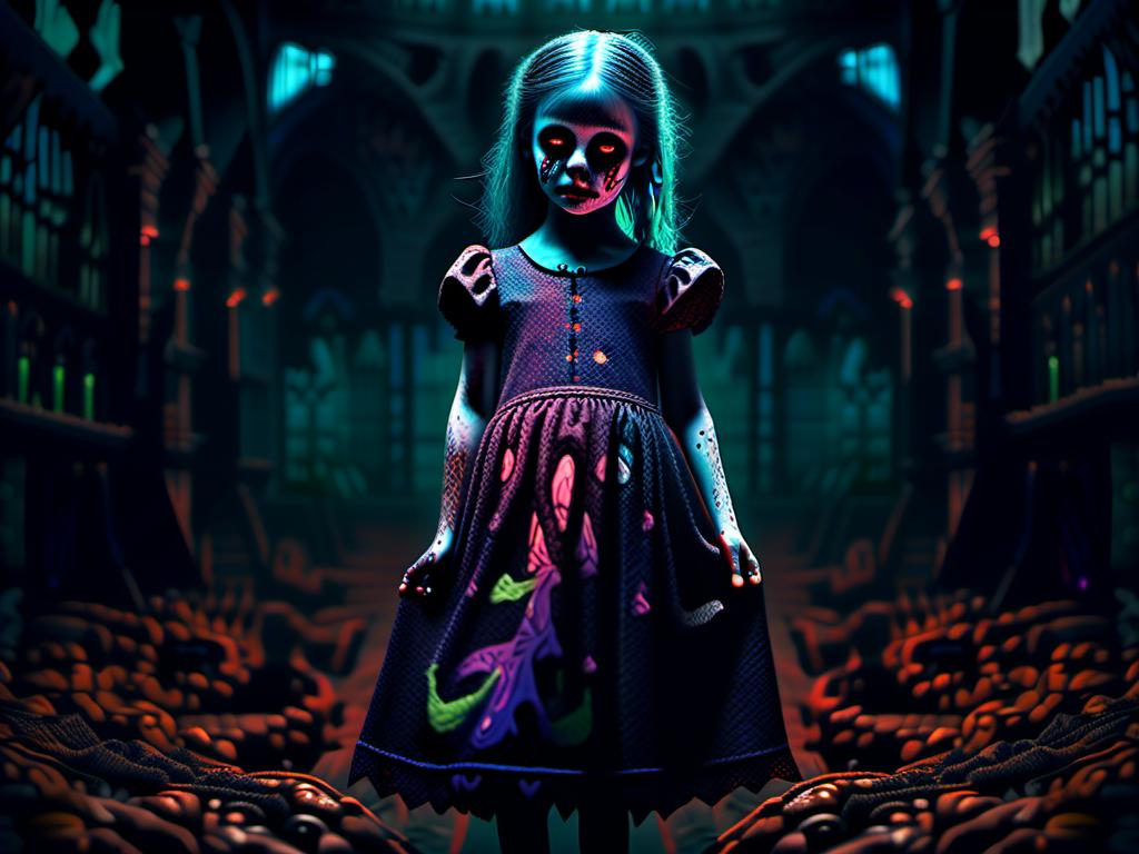 Prompt: full body shot, Little chaotic evil insane living dead girl with rotting pale flesh in a beautiful out of place dress, eerie atmospheric lighting, psychedelic  color tones, horror, detailed facial features, highres, ultra-detailed, Lovecraftian, eerie, sinister, haunting lighting, divine madness, holy killer, little Goddess of death. longing, madness, nothing love, holy death girl, smiling from ear to ear, glowing white eyes with ethereal trails, extreme emotion, If you are reading this I love you so much.<mymodel>