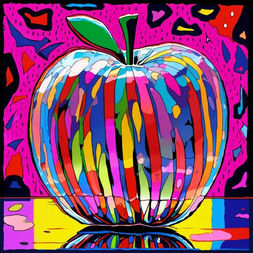 Prompt:  <mymodel>Vibrant pop art illustration of a transparent glass apple sculpture, shiny and reflective surface, bold colors, high contrast, detailed glasswork, glossy finish, artistic interpretation, modern pop art, transparent glass, vibrant colors, high quality, detailed reflections, glossy finish, striking pop art style, bold and vibrant, contemporary art, shiny surface; ce qui donne cette image 