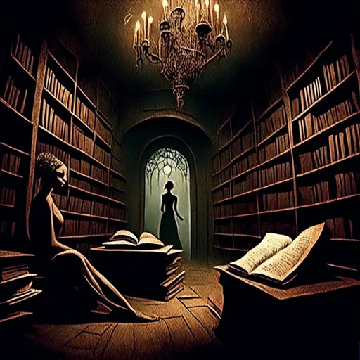 Prompt: <mymodel>Surreal, ancient library with towering stacks of books, labyrinthine aisles, cavernous silence, hushed whispers, detailed graffiti-style artwork, dancing shadows, dreamlike atmosphere, bygone era, atmospheric lighting, dark tones, mysterious, ethereal, intricate details, professional, artistic