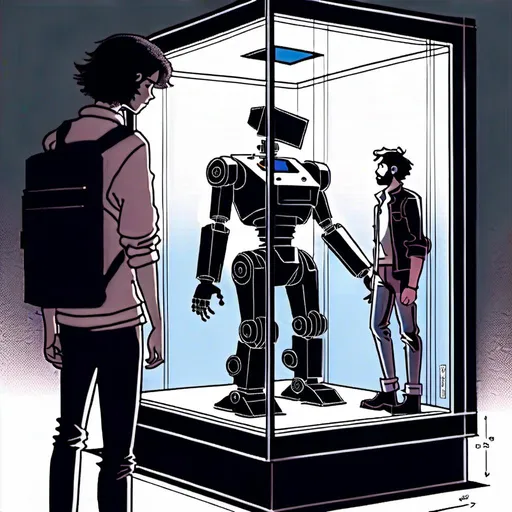 Prompt: <mymodel><mymodel>a robot standing next to a machine in a glass case with a man inside of it, Artgerm, panfuturism, ex machina, concept art robot stortelling of  panels of comic for manga, with speech bubbles. white and empty Speech bubbles, double page, surreal atmosphere, symbolic representation, high contrast, deep shadows, monochromatic, digital rendering, high quality, minimalist, conceptual art, graffiti style, abstract, surreal, symbolic, atmospheric lighting, comic édition. full strory comic love robot, white and empty Speech bubbles, stortelling  a robot standing next to a machine in a glass case with a man inside of it, Artgerm, panfuturism, ex machina, concept art