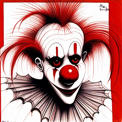 Prompt: a drawing of a creepy clown with red hair and a creepy face on a white background with a red background, Alan Lee, shock art, creepy, a drawing<mymodel>