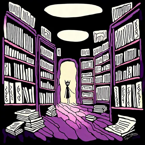 Prompt: <mymodel>Surreal, ancient library with towering stacks of books, labyrinthine aisles, cavernous silence, hushed whispers, detailed graffiti-style artwork, dancing shadows, dreamlike atmosphere, bygone era, atmospheric lighting, dark tones, mysterious, ethereal, intricate details, professional, artistic