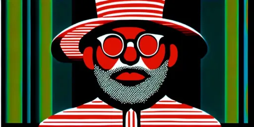 Prompt: <mymodel><mymodel>a man with a beard and glasses wearing a hat and a red and white shirt and a red and white striped shirt, Eddie Campbell, maximalism, maximalist, a flemish Baroque