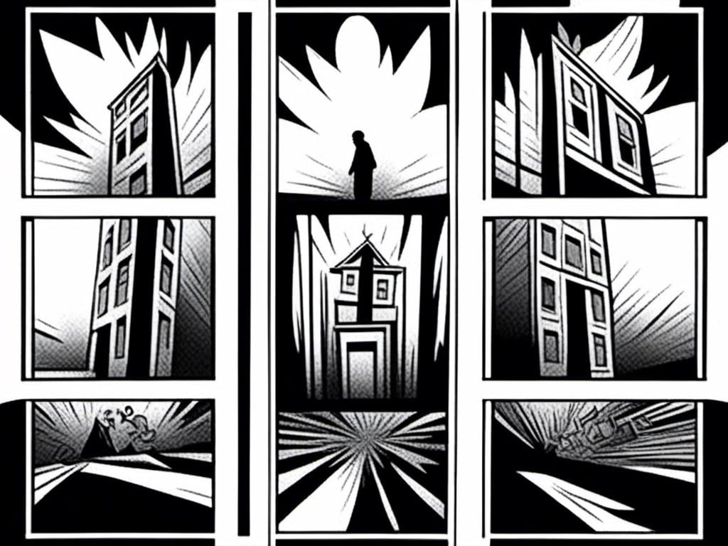 Prompt: <mymodel>Abstract arrangement of three panels of comic, surreal atmosphere, symbolic representation, high contrast, deep shadows, monochromatic, digital rendering, high quality, minimalist, conceptual art, graffiti style, abstract, surreal, symbolic, atmospheric lighting, comic édition.