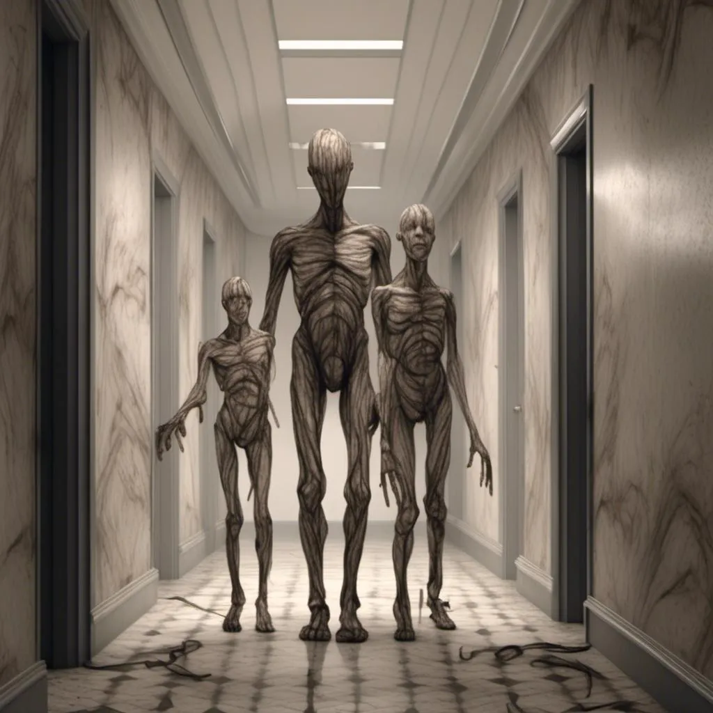 Prompt: <mymodel>a creepy looking creature with a large head and two smaller heads on his body in a hallway with a wall, shock art, hyper real, a 3D render