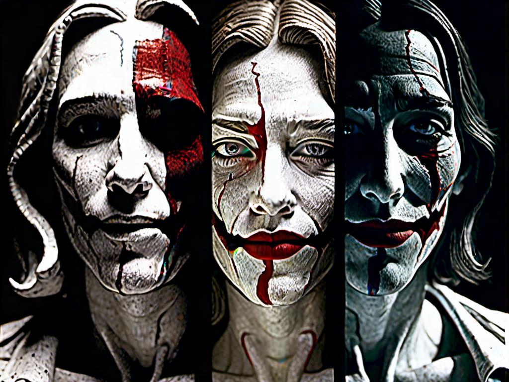 Prompt: <mymodel> split face half screen Jesus other half joker, contrast of light and dark, good and evil, kind and cruel, ultra realistic, detailed facial features, intense expression, high contrast, realistic, dark and light tones, dramatic lighting, split personality