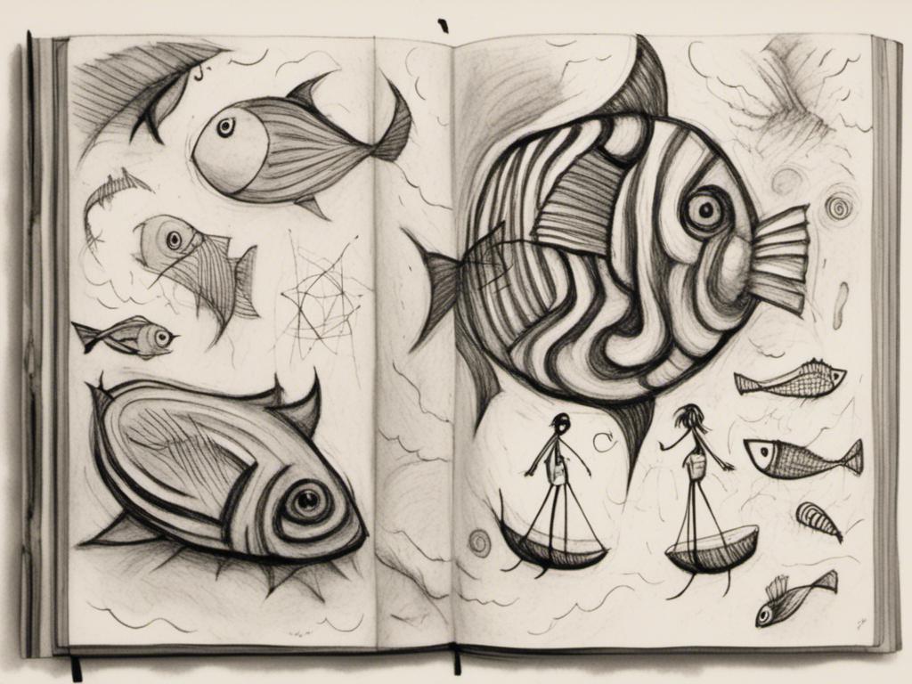 Prompt: <mymodel><mymodel>stroyboard, storytelling, script comic book, Creez un dessin a la main surrealiste en noir et blanc d'un poisson squelettique en train de nager dans un paysage onirique. Le poisson doit avoir des bulles de dialogue contenant des mots et des lettres etranges. Le fond doit etre abstrait et enigmatique. Couleurs : Noir et blanc. Style : Onirisme et abstrait. Dessin : A la main. Bulles de dialogue : Contenant des mots et des lettres etranges.