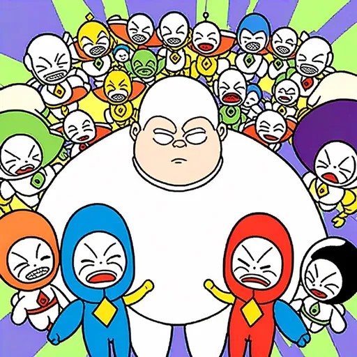 Prompt: <mymodel>6+boys, age difference, alien, android 18, asian, baby, bald, beard, black sclera, bodysuit, bowtie, buck teeth, buzz cut, cape, closed eyes, clown, colored skin, comparison, crossover, cyborg, daruma doll, doraemon \(character\), everyone, facial hair, fat, fat man, father and son, frisk \(undertale\), glowing, good end, green headwear, grin, hat, heart, hood, hooded cloak, hoodie, horror \(theme\), identity censor, japanese flag, kirby, mario, mohawk, monkey, multiple boys, multiple girls, multiple others, mustache, nose, old, old man, old woman, open mouth, parody, pig, pink skin, real life insert, realistic, red background, robe, saitama \(one-punch man\), salute, sans, skeleton, skull, smile, son goku, statue, ugly man, very short hair, web address, what, white skin, wrinkled skin, yellow skin<mymodel>