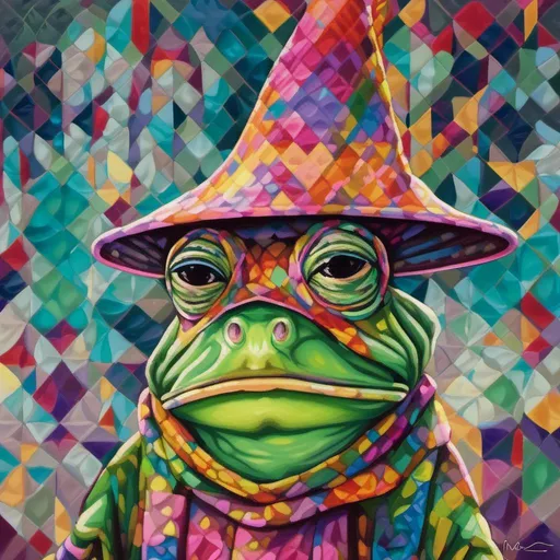 Prompt: Frog wearing a wizard hat, Picasso style, surrealism, vibrant colors, abstract shapes, whimsical composition, high quality, detailed, surrealism, Picasso style, vibrant colors, abstract shapes, whimsical composition, vibrant and bold, surreal lighting<mymodel>