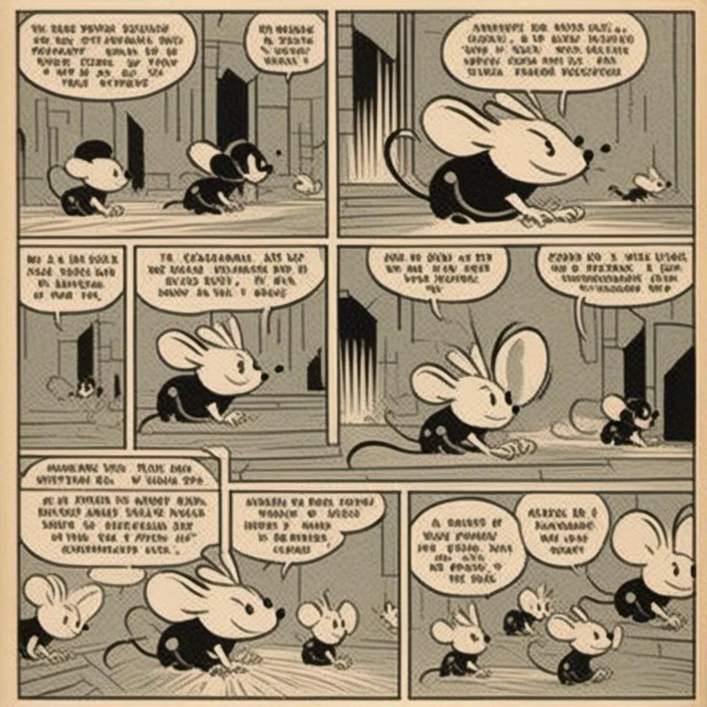 Prompt: <mymodel> 3 panel comic strip super mouse 1935