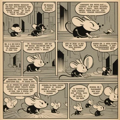 Prompt: <mymodel> 3 panel comic strip super mouse 1935