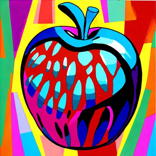 Prompt:  <mymodel>Vibrant pop art illustration of a transparent glass apple sculpture, shiny and reflective surface, bold colors, high contrast, detailed glasswork, glossy finish, artistic interpretation, modern pop art, transparent glass, vibrant colors, high quality, detailed reflections, glossy finish, striking pop art style, bold and vibrant, contemporary art, shiny surface; ce qui donne cette image 