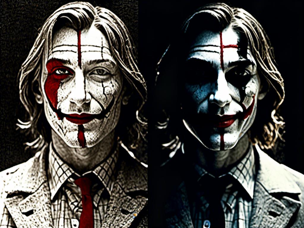 Prompt: <mymodel> split face half screen Jesus other half joker, contrast of light and dark, good and evil, kind and cruel, ultra realistic, detailed facial features, intense expression, high contrast, realistic, dark and light tones, dramatic lighting, split personality