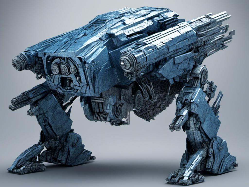 Prompt: <mymodel>High-res, detailed 3D rendering of a combat machine, metallic material with riveted plates, futuristic sci-fi style, technical blue and metallic tones, intense and dramatic lighting, industrial urban setting, heavy-duty mechanical design, powerful and menacing presence, fully armed with advanced weapons, intricate mechanical details, professional-quality, sci-fi, combat machine, metallic, technical blue tones, intense lighting, industrial urban setting, menacing presence, advanced weapons, mechanical details