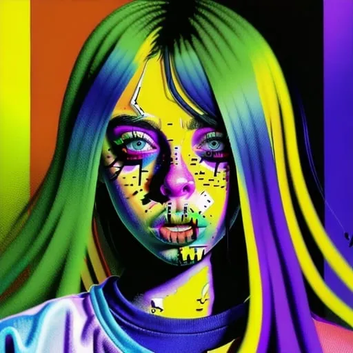 Prompt: Colorful digital illustration <mymodel>Billie Eilish - bad guy 