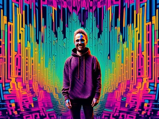 Prompt: <mymodel> full body shot, Cosmic celebration in psychedelic glitch art, glitch God, psychedelic and glitchy, cosmic drama, Insane 40 yr  glitch maker with goatee, insane laugh, glitched out eyes, black glitchy hoodie, dystopian background, cosmic giggle, divine laughter, intense facial emotions, divine madness,  glitch meme magic, strange, bizarre, weird, fine details, highest quality