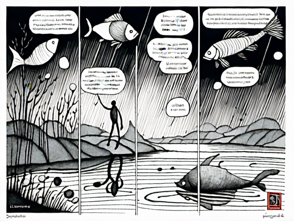 Prompt: <mymodel><mymodel>stroyboard, storytelling, script comic book, Creez un dessin a la main surrealiste en noir et blanc d'un poisson squelettique en train de nager dans un paysage onirique. Le poisson doit avoir des bulles de dialogue contenant des mots et des lettres etranges. Le fond doit etre abstrait et enigmatique. Couleurs : Noir et blanc. Style : Onirisme et abstrait. Dessin : A la main. Bulles de dialogue : Contenant des mots et des lettres etranges.