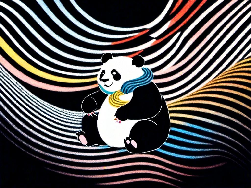 Prompt: <mymodel>Illustration of music in ads-corporate style, panda and loepard color tones, symbolism, cloudcore, endercore, wavy lines and organic shapes, black background, high quality, ads-corporate, panda symbolism, cloudcore, endercore, wavy lines, organic shapes, professional, atmospheric lighting