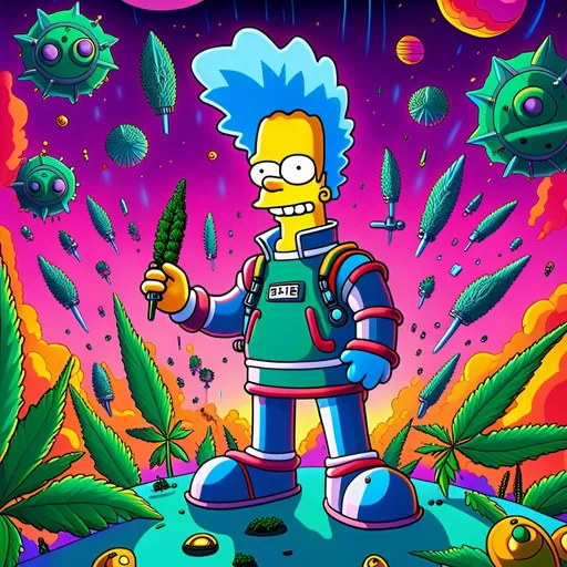 Prompt: Anime by Matt Groening, illustration of Simpson caractère with cannabis outfit  by Matt Groening; futuristic sci-fi setting, detailed characters, colorful and vibrant, highres, anime by Matt Groening, sci-fi, futuristic, detailed characters, vibrant colors, professional  Matt Groening, dynamic lighting<mymodel>