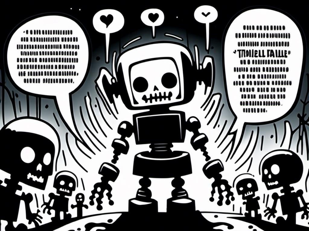 Prompt: <mymodel>love robot stortelling of  panels of comic for manga, with speech bubbles. white and empty Speech bubbles, double page, surreal atmosphere, symbolic representation, high contrast, deep shadows, monochromatic, digital rendering, high quality, minimalist, conceptual art, graffiti style, abstract, surreal, symbolic, atmospheric lighting, comic édition. full strory comic love robot, white and empty Speech bubbles, stortelling 