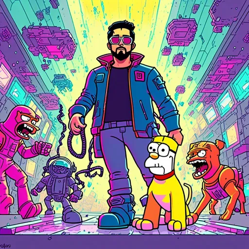 Prompt: <mymodel>Anime by Matt Groening, illustration of Homer Simpson kill the cat by Matt Groening; futuristic sci-fi setting, detailed characters, colorful and vibrant, highres, anime by Matt Groening, sci-fi, futuristic, detailed characters, vibrant colors, professional  Matt Groening, dynamic lighting