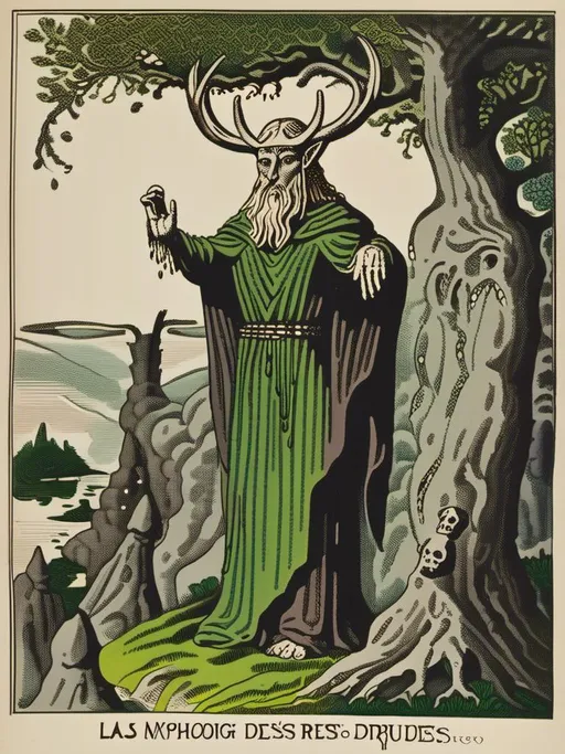 Prompt:  illustration of  la mythologie des Druides. Les Druides sont des pretresses et des preneurs de decisions en Irlande et en Gaule. Leur mythologie est remplie de créatures bizarres, de magies puissantes et de legendes folles. Ils croient en un dieu appelé Lugh, qui est le dieu de la lumiere et de la sagesse. Les Druides ont une relation unique avec la nature, ils utilisent les plantes et les animaux pour leur offrir des services spirituels et medicaux. mytholigique setting, detailed characters, colorful and vibrant, highres,etailed characters, vibrant colors, professional, dynamic lighting<mymodel>