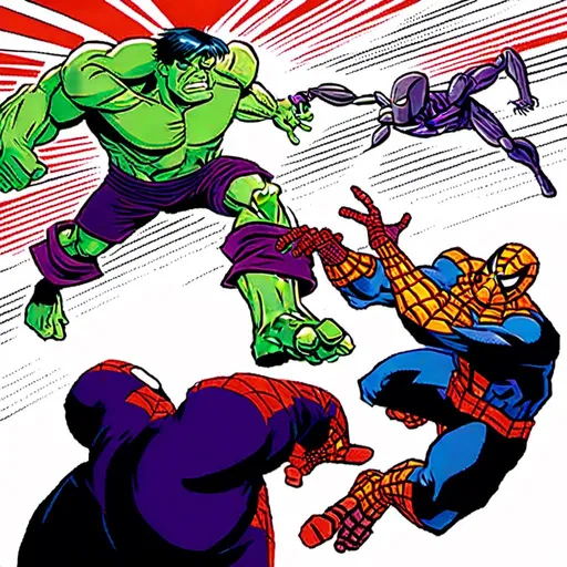 Prompt: <mymodel>Full-page comic strip of Hulk and Spiderman facing off against Thanos, dynamic action poses, vibrant colors, comic book style, high-impact lighting, detailed facial expressions, heroic and intense atmosphere, superhero battle, high quality, dynamic composition, dramatic lighting, detailed characters, intense colors