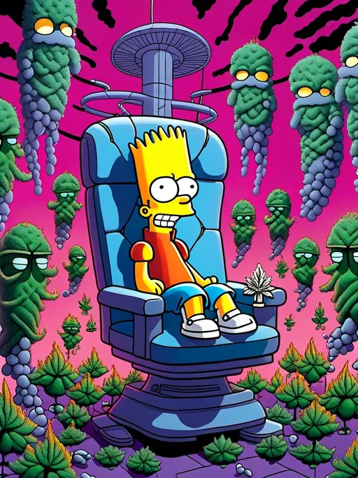 Prompt: Anime by Matt Groening, illustration of Bart Simpson with cannabis outfit  by Matt Groening; futuristic sci-fi setting, detailed characters, colorful and vibrant, highres, anime by Matt Groening, sci-fi, futuristic, detailed characters, vibrant colors, professional  Matt Groening, dynamic lighting<mymodel>