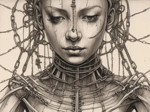 Prompt: <mymodel> teenage female cenobite with face covered in symmetrical metal blades and machines. insane laughter, dead, dead white eyes, Goddess of love and pain, divine madness, detailed facial expression, suspended in air by chains coming out of her body, ultra fine details, masterpiece