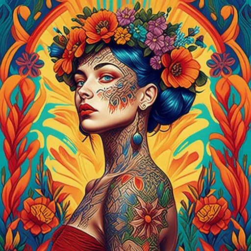 Prompt: <mymodel>Vibrant and intricate digital illustration of a dynamic female figure, bold tattoo artistry, vibrant and diverse body art, stunning detail and realism, high quality, digital art, vibrant colors, dynamic composition, detailed eyes, professional, personaltattoo, vibrant background, striking and colorful, medium: digital art, artistic flair, full-sleeve tattoo, detailed facial features, professional lighting, captivating and unique design