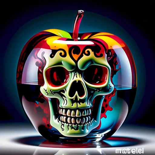 Prompt: <mymodel>Vibrant pop art illustration of a transparent glass apple with skull inside sculpture, bold colors, high contrast, detailed glasswork, glossy finish, high quality, misc-macabre, vibrant pop art, bold colors, high contrast, detailed glasswork, glossy finish