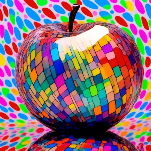 Prompt: <mymodel> <mymodel>Vibrant pop art illustration of a transparent glass apple sculpture, shiny and reflective surface, bold colors, high contrast, detailed glasswork, glossy finish, artistic interpretation, modern pop art, transparent glass, vibrant colors, high quality, detailed reflections, glossy finish, striking pop art style, bold and vibrant, contemporary art, shiny surface; ce qui donne cette image 