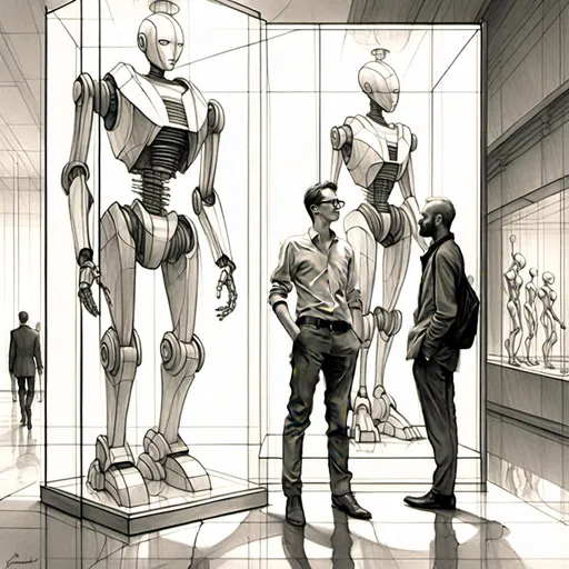 Prompt: <mymodel>a drawing of a robot standing next to a machine in a glass case with a man inside of it, Artgerm, panfuturism, ex machina, concept art