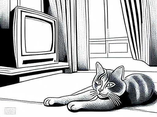 Prompt: <mymodel> a cat shows a cat on the living room television drawing of a contented cat enjoying, inked, detailed fur with subtle highlights, tranquil ambiance, high quality, charcoal drawing, realistic, detailed, contented cat, a cat shows a cat on the living room television, tranquil ambiance