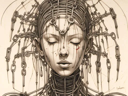 Prompt: <mymodel> teenage female cenobite with face covered in symmetrical metal blades and machines. insane laughter, dead, dead white eyes, Goddess of love and pain, divine madness, detailed facial expression, suspended in air by chains coming out of her body, ultra fine details, masterpiece