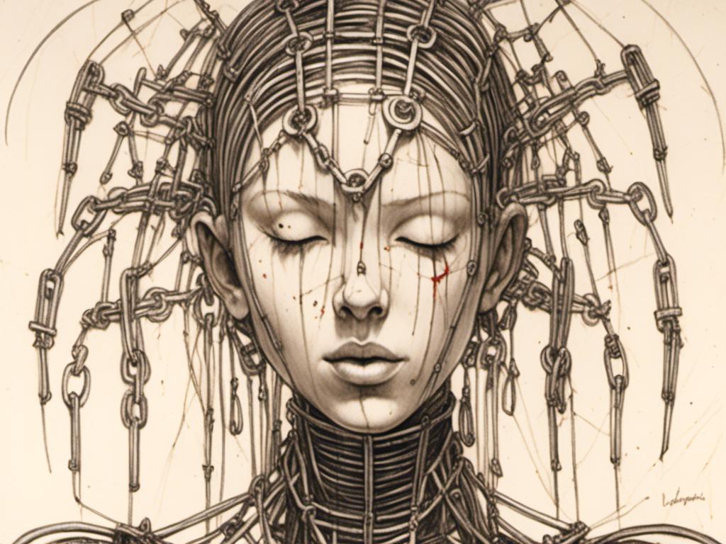Prompt: <mymodel> teenage female cenobite with face covered in symmetrical metal blades and machines. insane laughter, dead, dead white eyes, Goddess of love and pain, divine madness, detailed facial expression, suspended in air by chains coming out of her body, ultra fine details, masterpiece